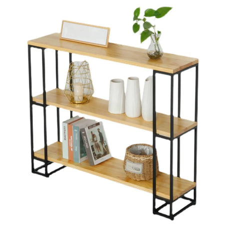 Industrial Pine and Metal Black Floor Shelf Console Table Image - 2