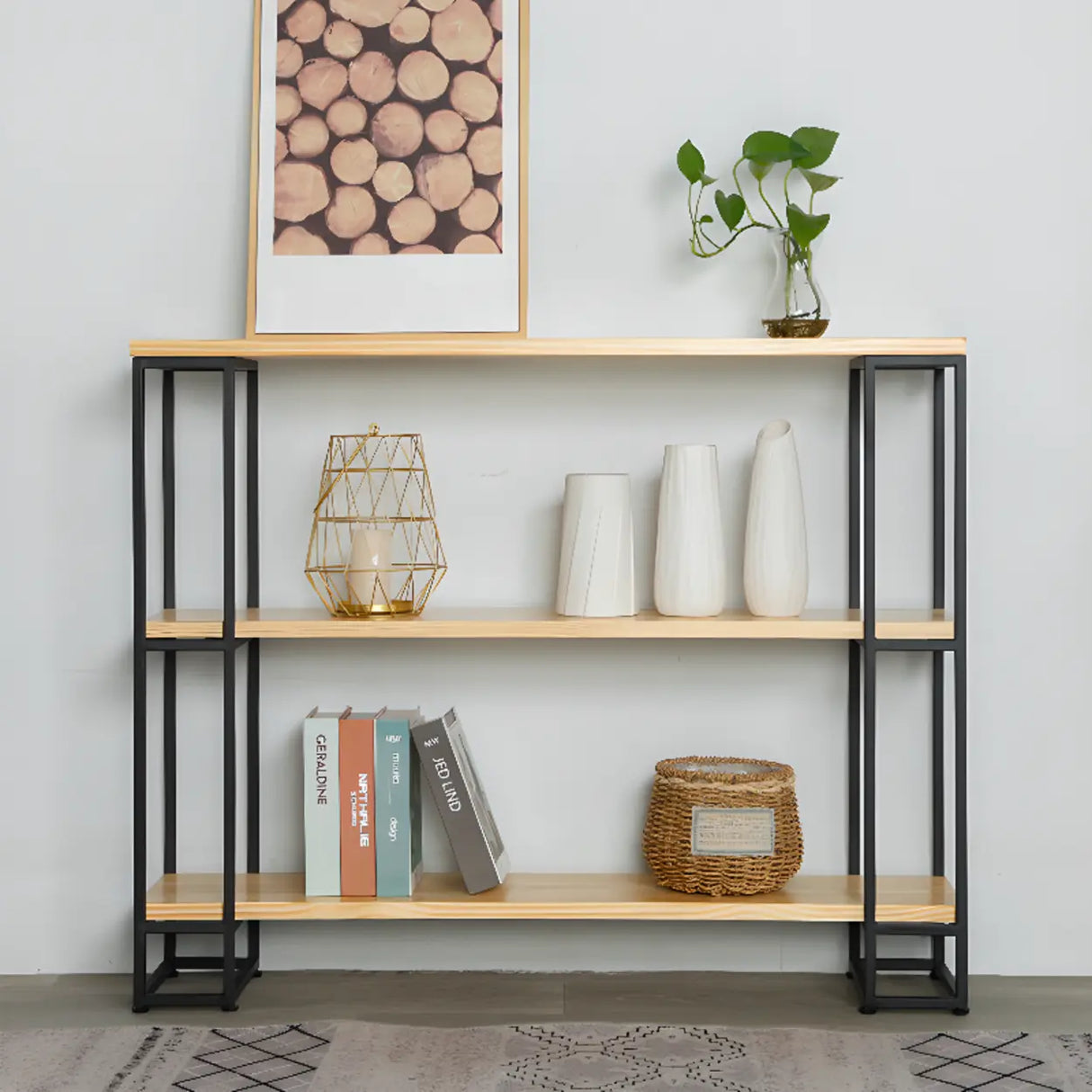 Industrial Pine and Metal Black Floor Shelf Console Table Image - 3