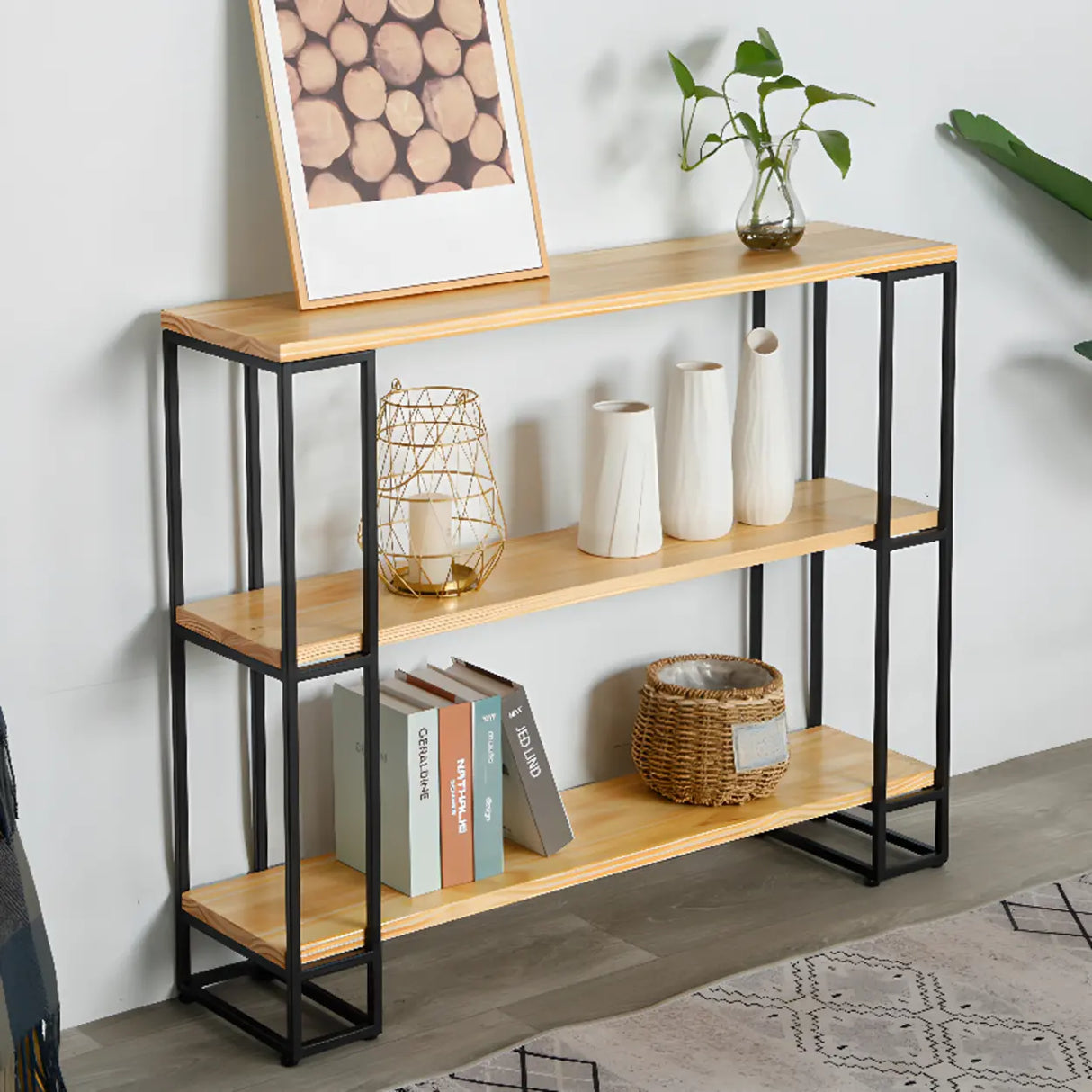 Industrial Pine and Metal Black Floor Shelf Console Table Image - 4