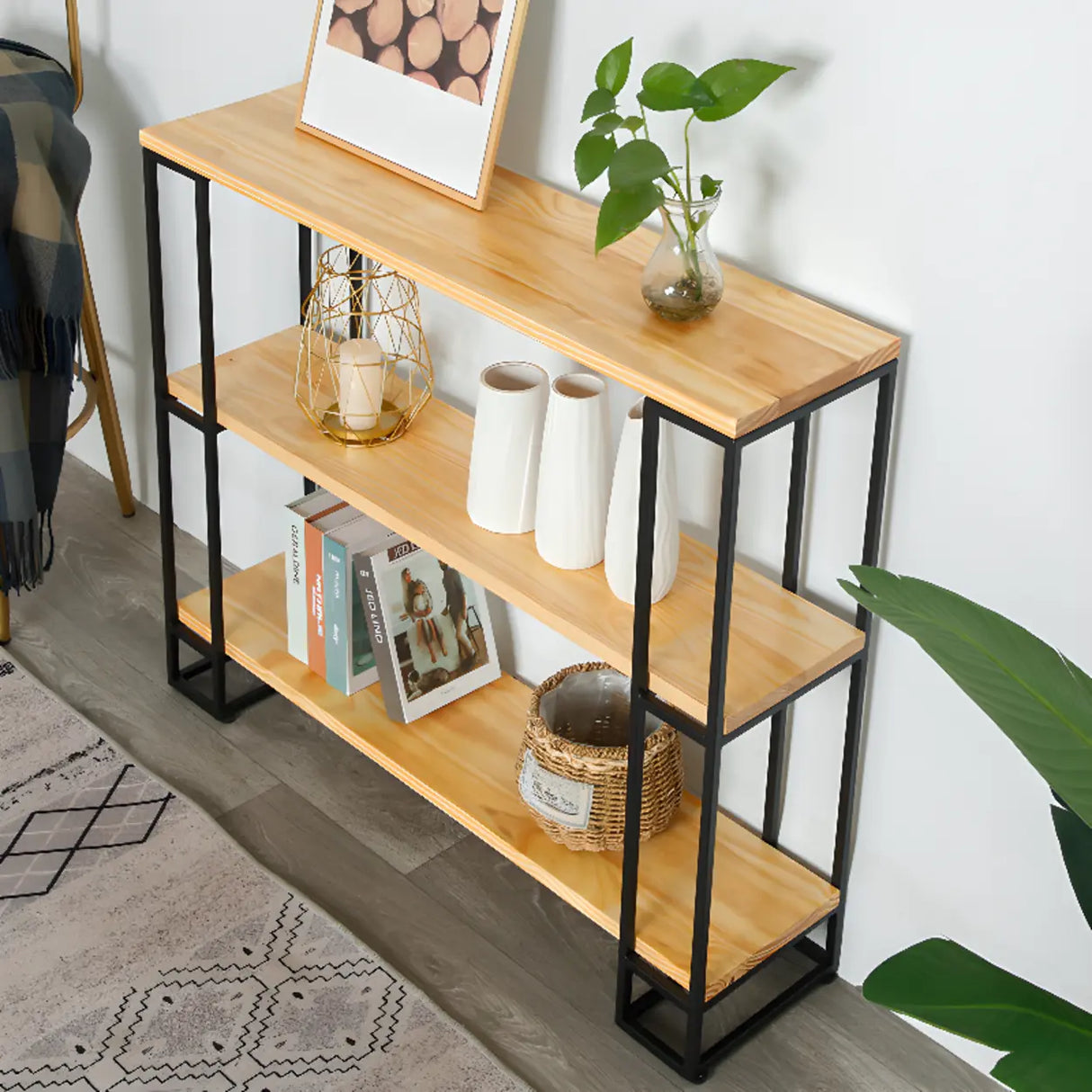 Industrial Pine and Metal Black Floor Shelf Console Table Image - 5