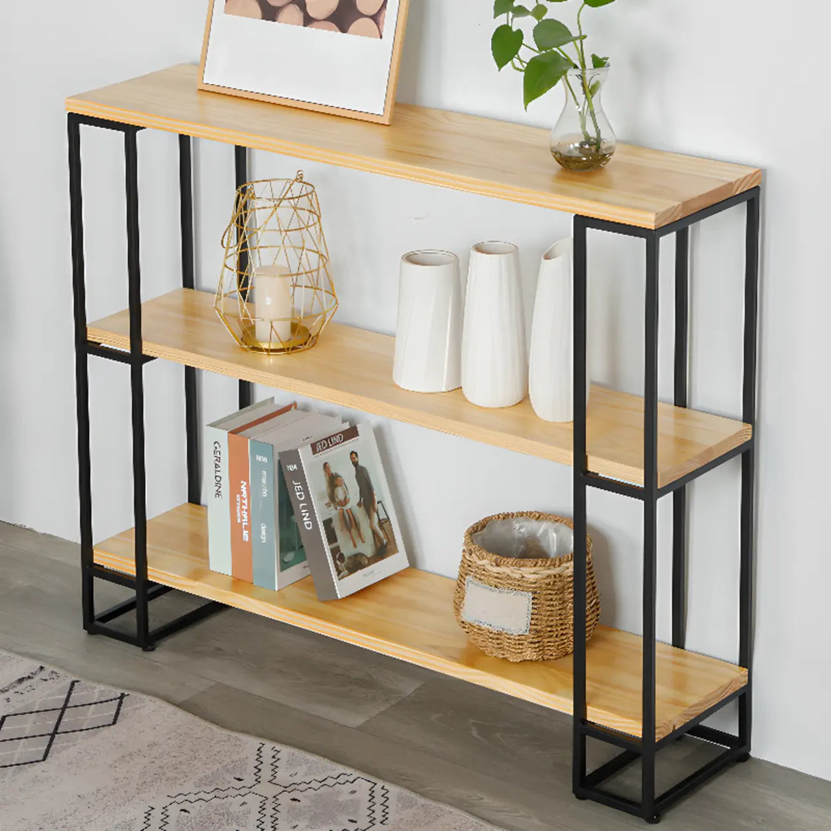 Industrial Pine and Metal Black Floor Shelf Console Table Image - 6