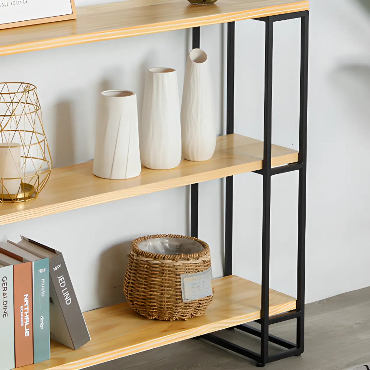 Industrial Pine and Metal Black Floor Shelf Console Table Image - 7