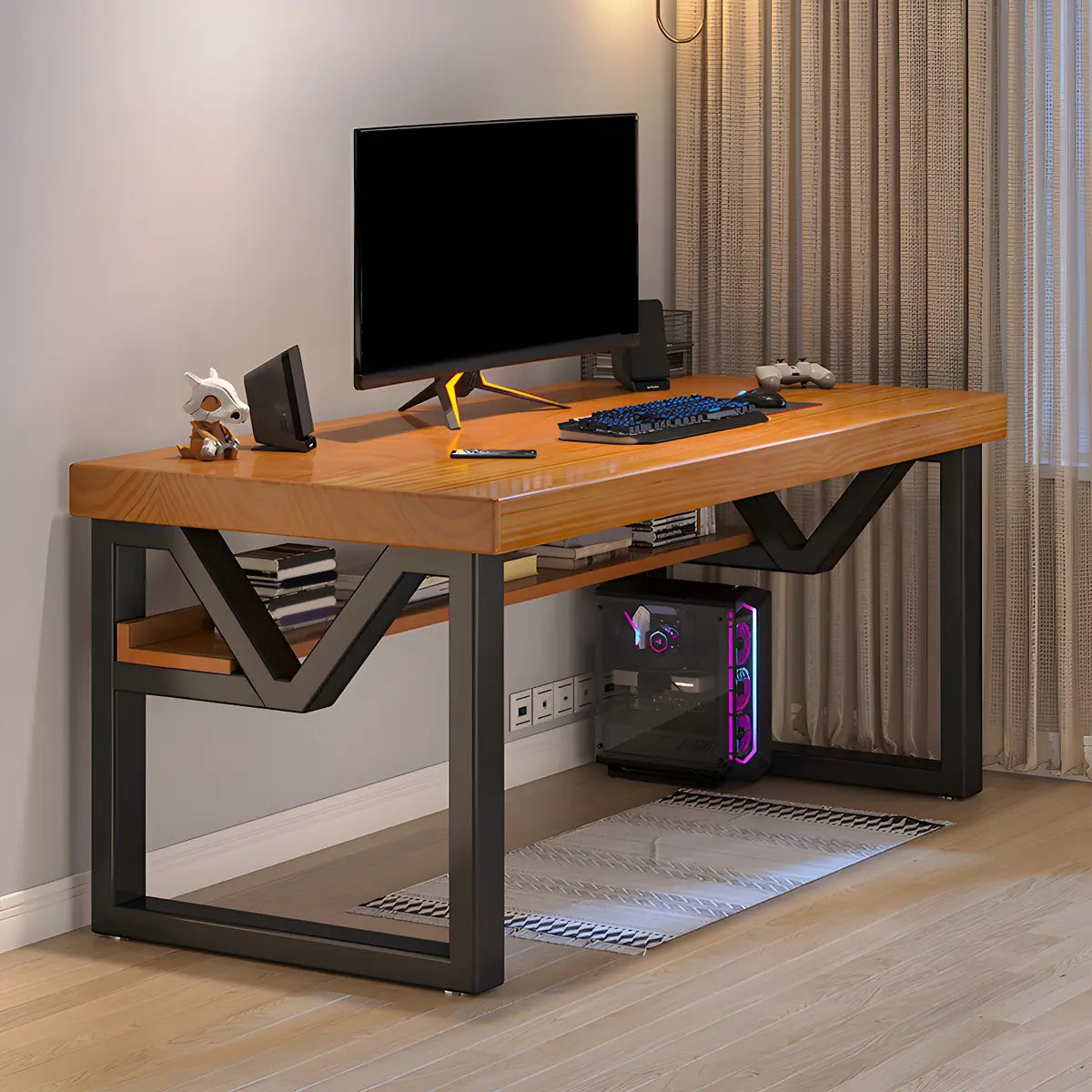 Industrial Pine Wood Shelf Rectangle Sled Gaming Desk – Homebaa