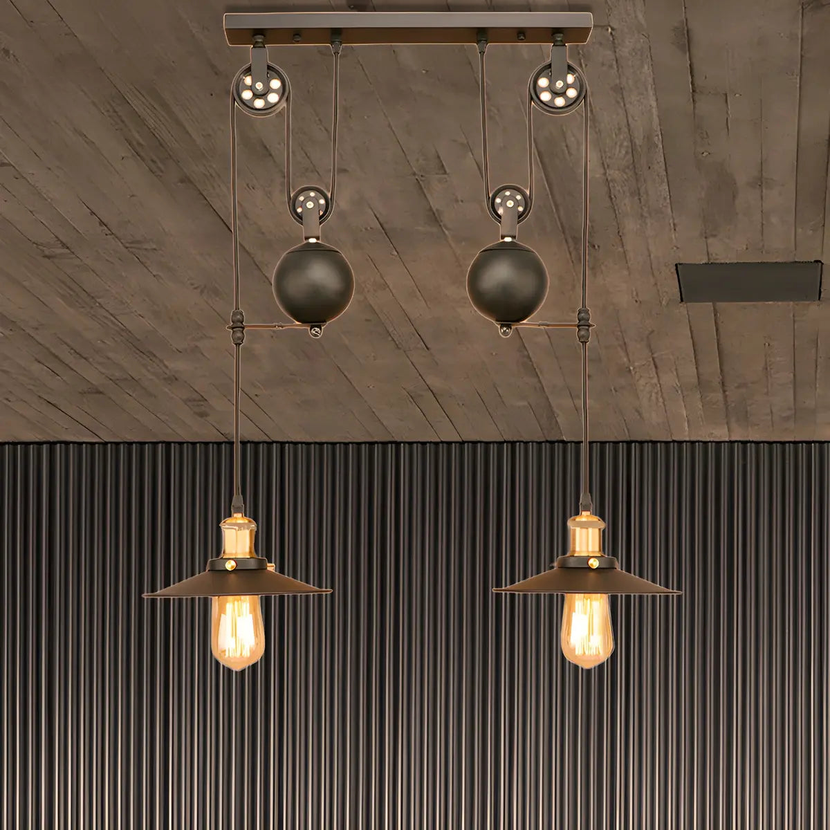 Industrial Pulley Dual Edison Bulbs Pendant Light Image - 3