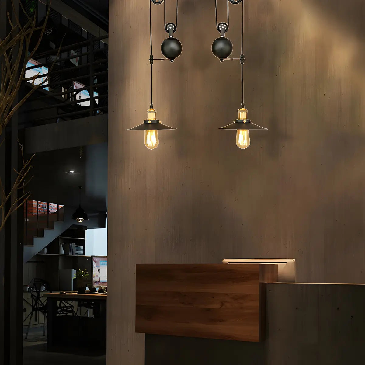 Industrial Pulley Dual Edison Bulbs Pendant Light Image - 4