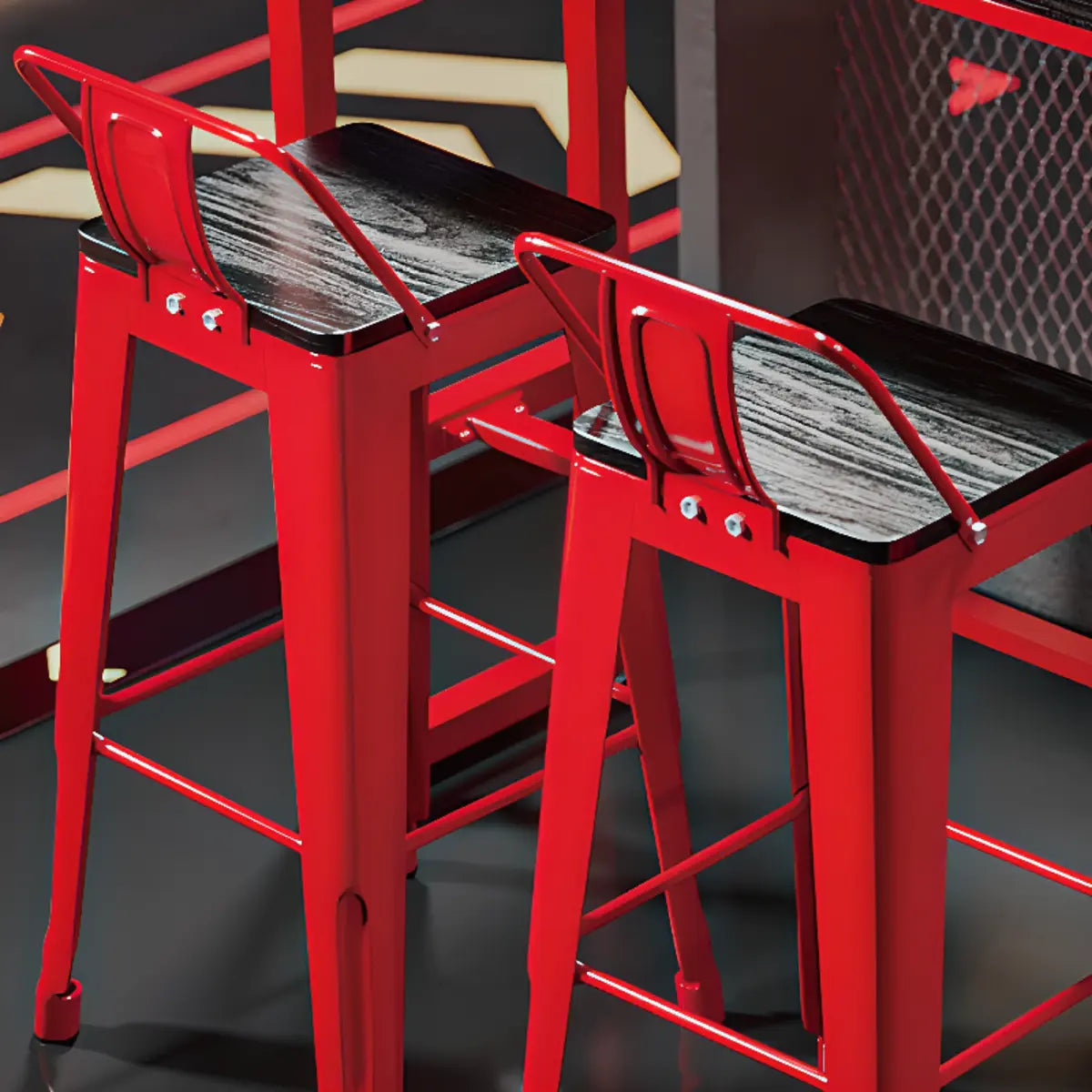 Industrial Rectangular Metal Grey-Red Fixed Bar Table Set Image - 12