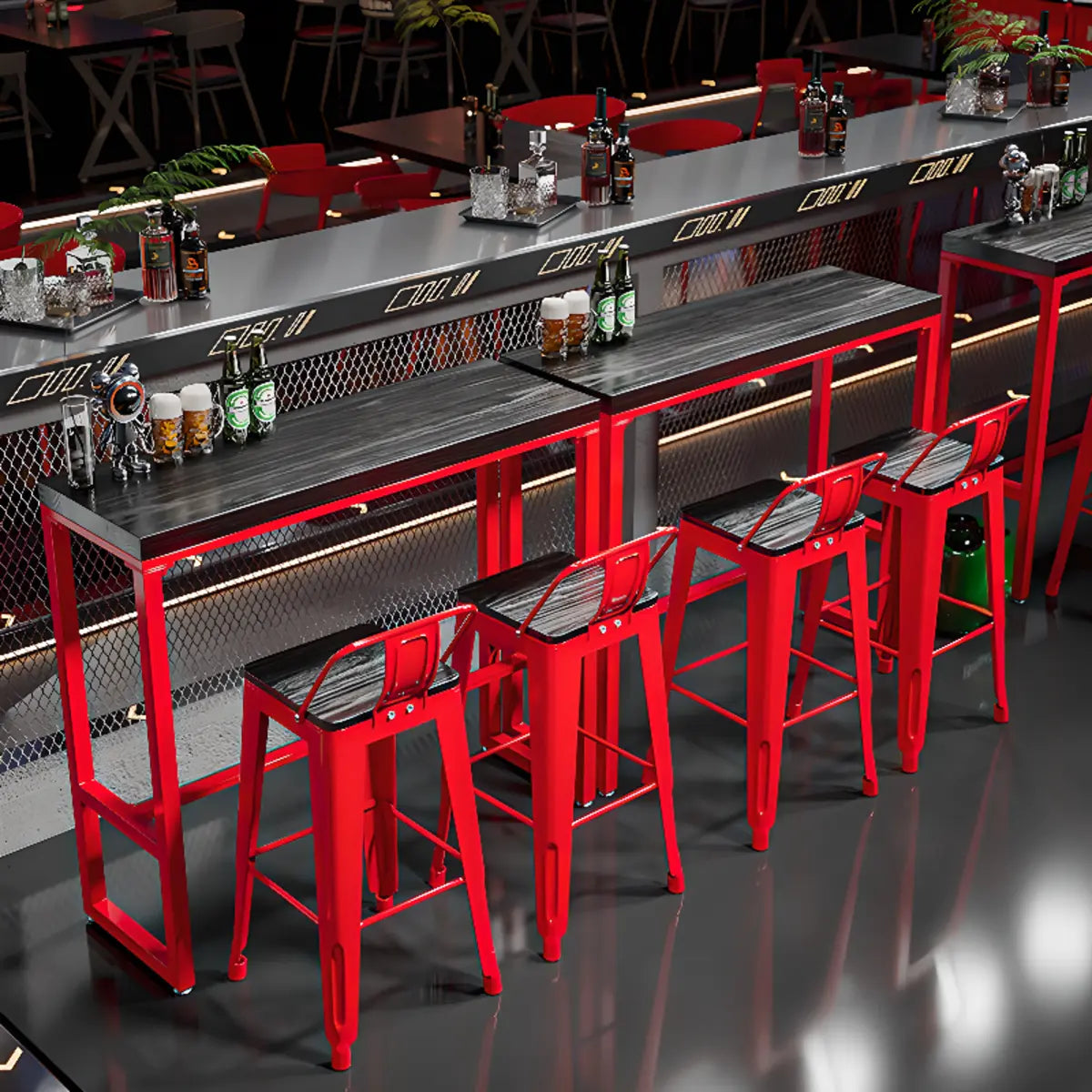 Industrial Rectangular Metal Grey-Red Fixed Bar Table Set Image - 4
