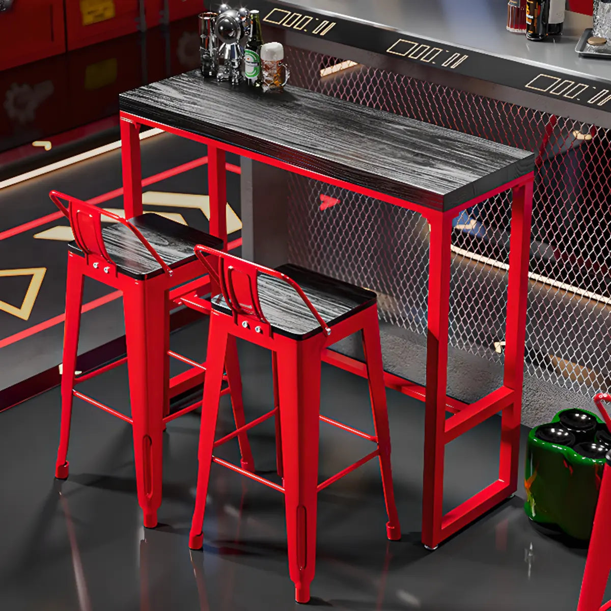 Industrial Rectangular Metal Grey-Red Fixed Bar Table Set Image - 6