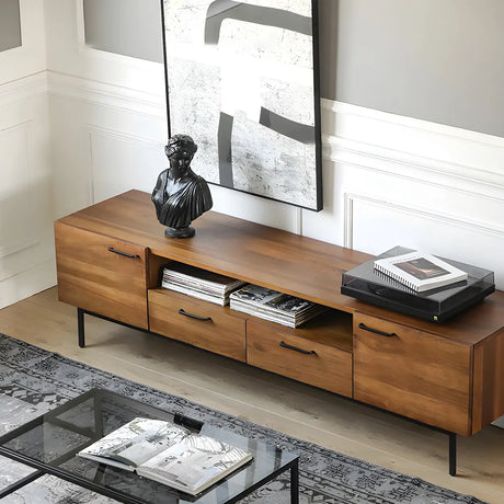 Industrial Brown Distressed Wood TV Stand with Legs Image - 3