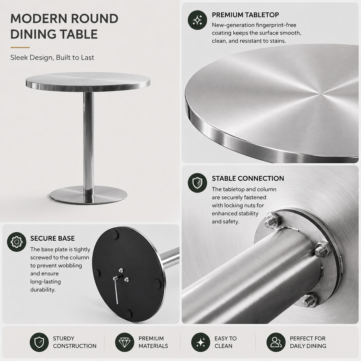 Industrial Round Stainless Steel Silver Dining Table Image - 20