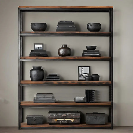 Industrial Rustic Metal Tall Wood Bookcase Black Brown Image - 1