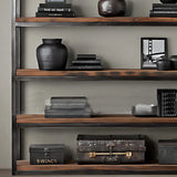 Industrial Rustic Metal Tall Wood Bookcase Black Brown Image - 10