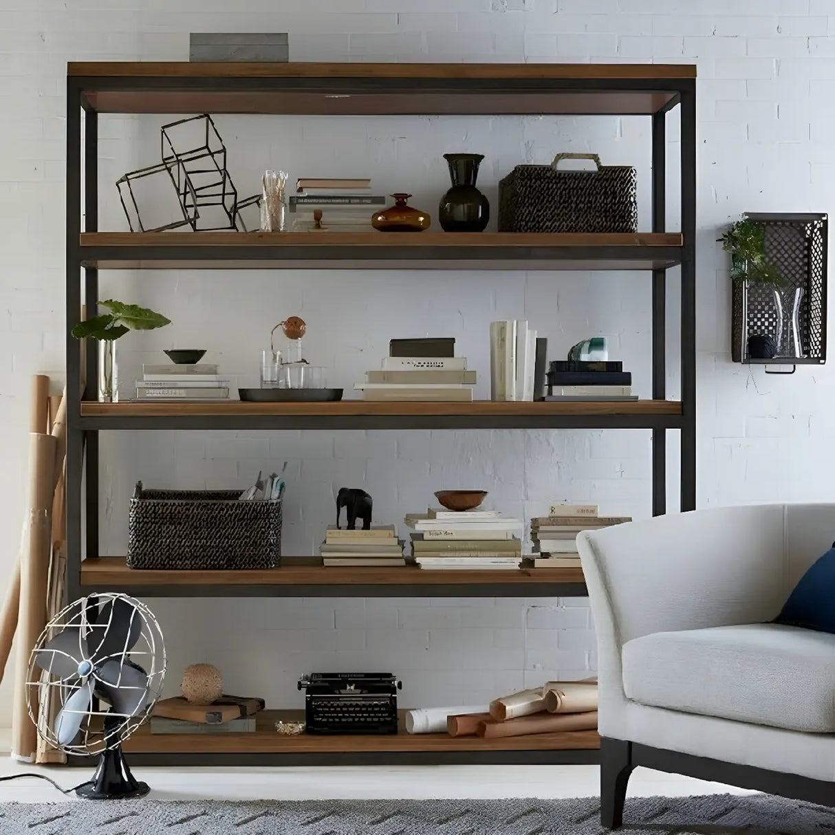 Industrial Rustic Metal Tall Wood Bookcase Black Brown Image - 6