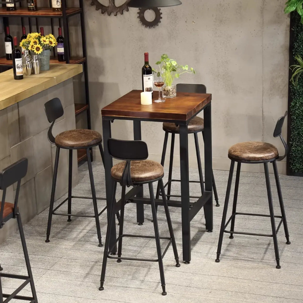 Industrial Square Wood and Metal Bar Table with Footrest Image - 2