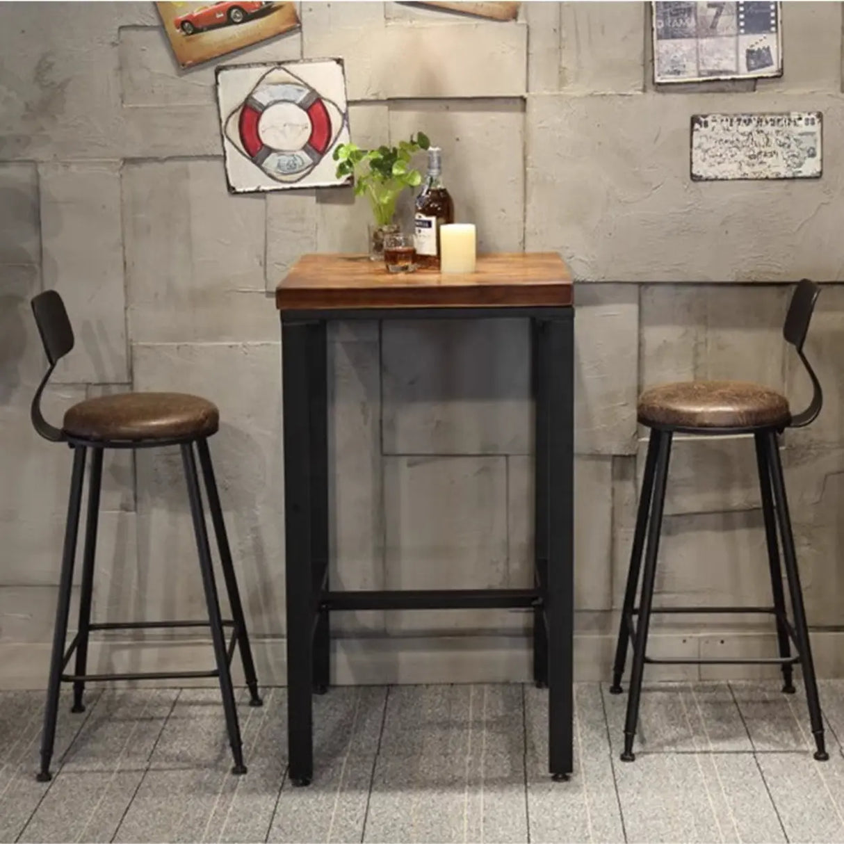 Industrial Square Wood and Metal Bar Table with Footrest Image - 3