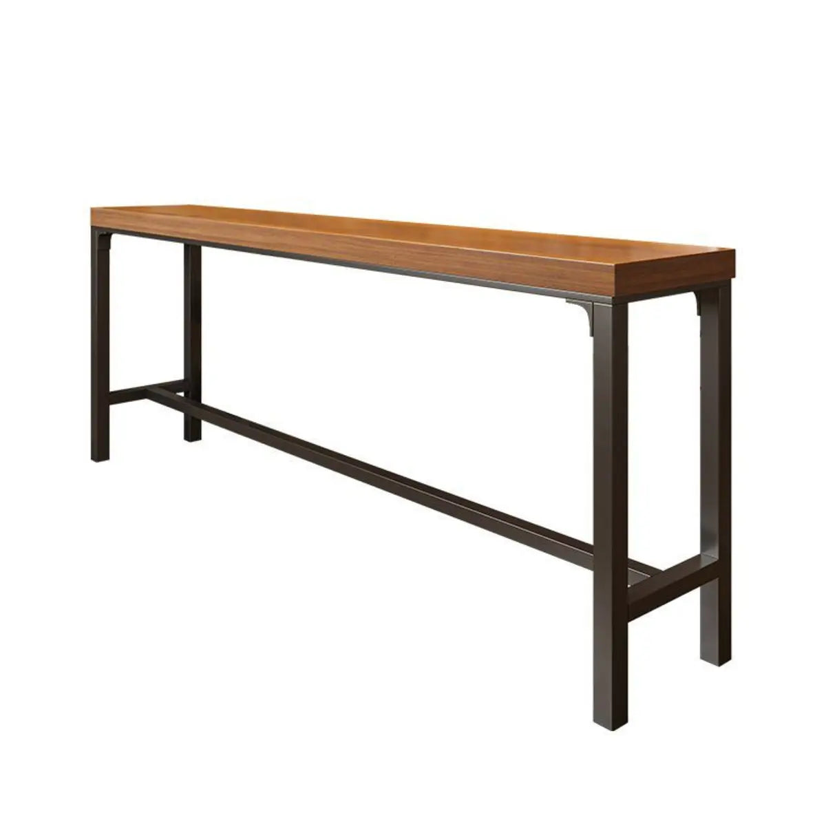 Industrial Trestle Metal Base Wood Bar Table with Footrest Image - 10