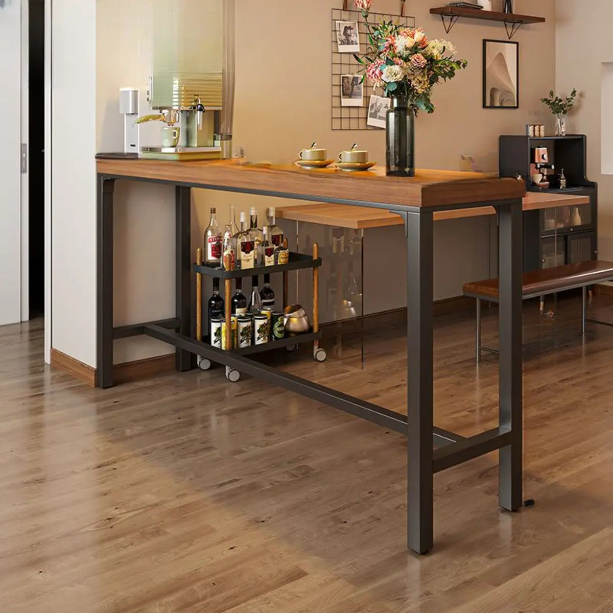 Industrial Trestle Metal Base Wood Bar Table with Footrest Image - 11