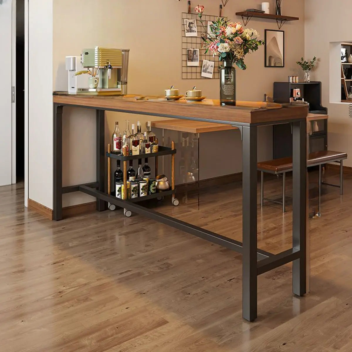 Industrial Trestle Metal Base Wood Bar Table with Footrest Image - 13