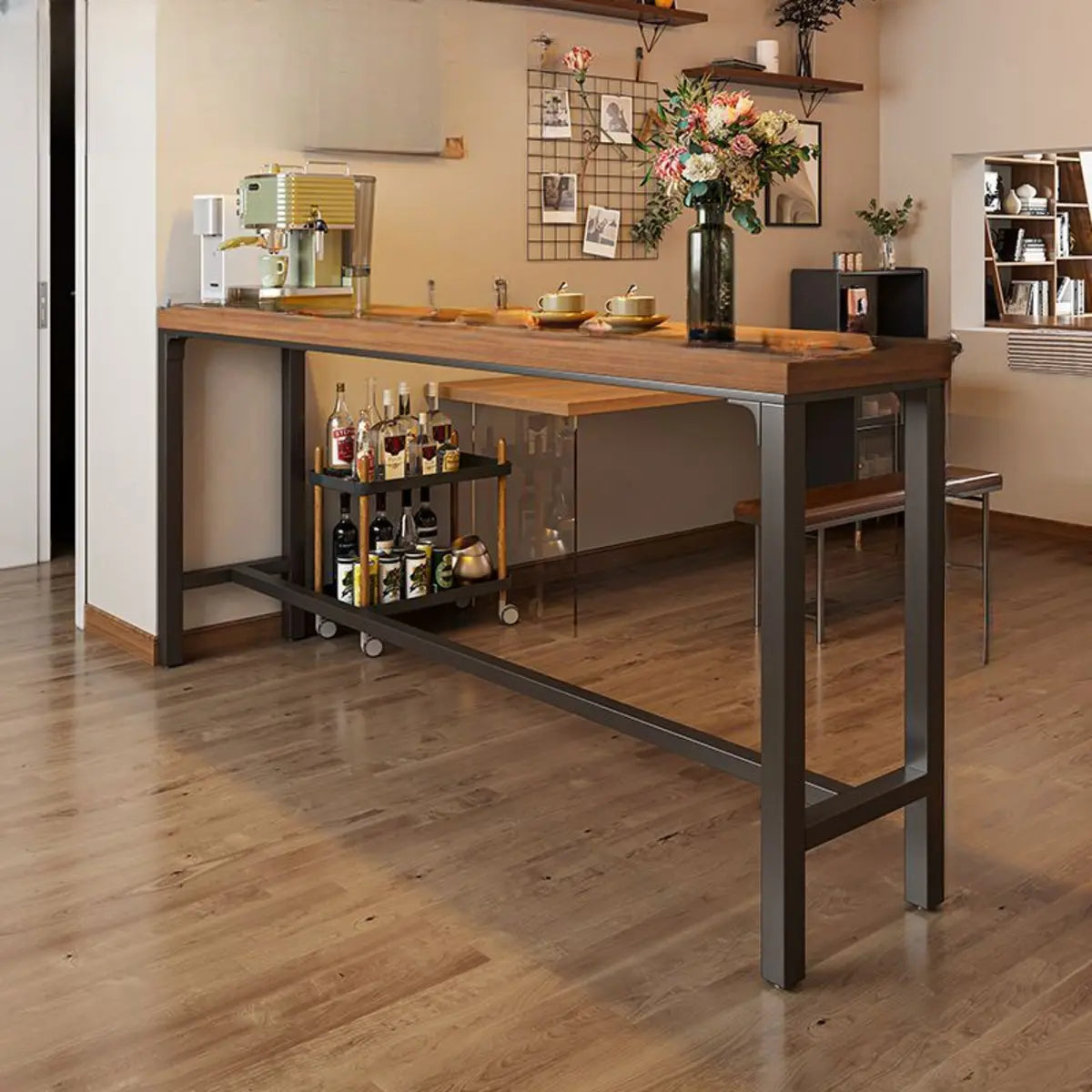 Industrial Trestle Metal Base Wood Bar Table with Footrest Image - 15