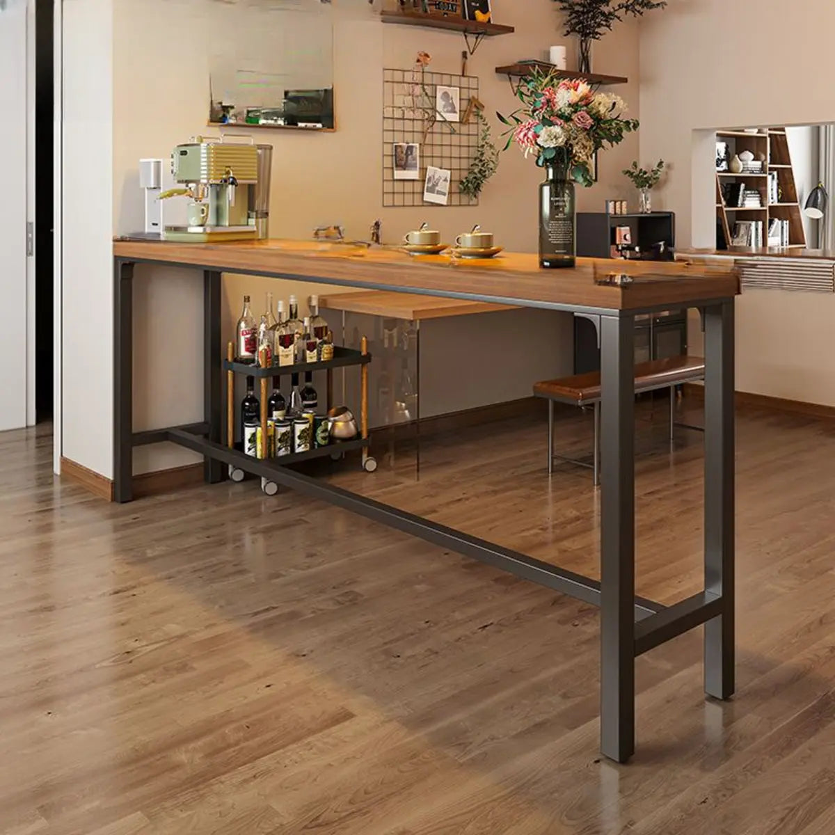 Industrial Trestle Metal Base Wood Bar Table with Footrest Image - 16