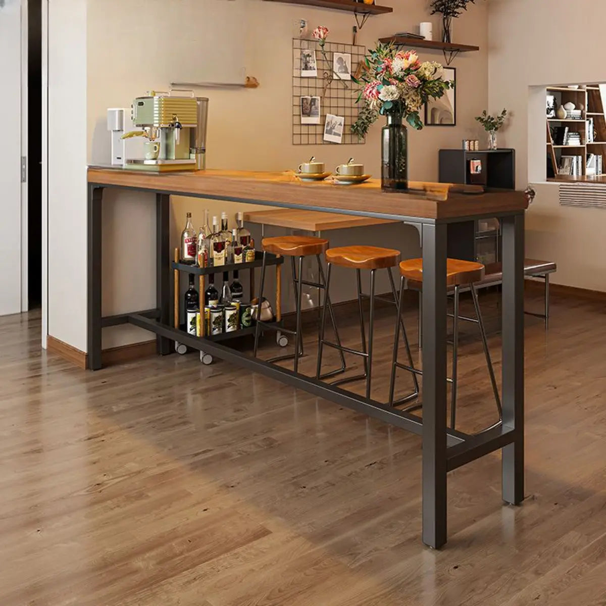 Industrial Trestle Metal Base Wood Bar Table with Footrest Image - 17