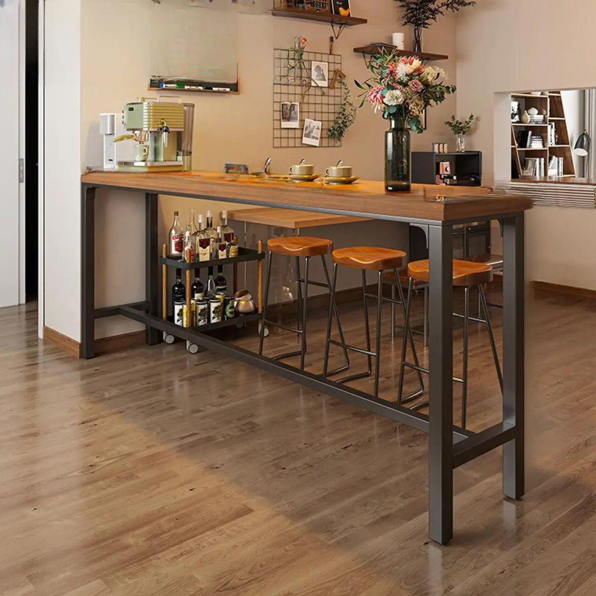 Industrial Trestle Metal Base Wood Bar Table with Footrest Image - 18