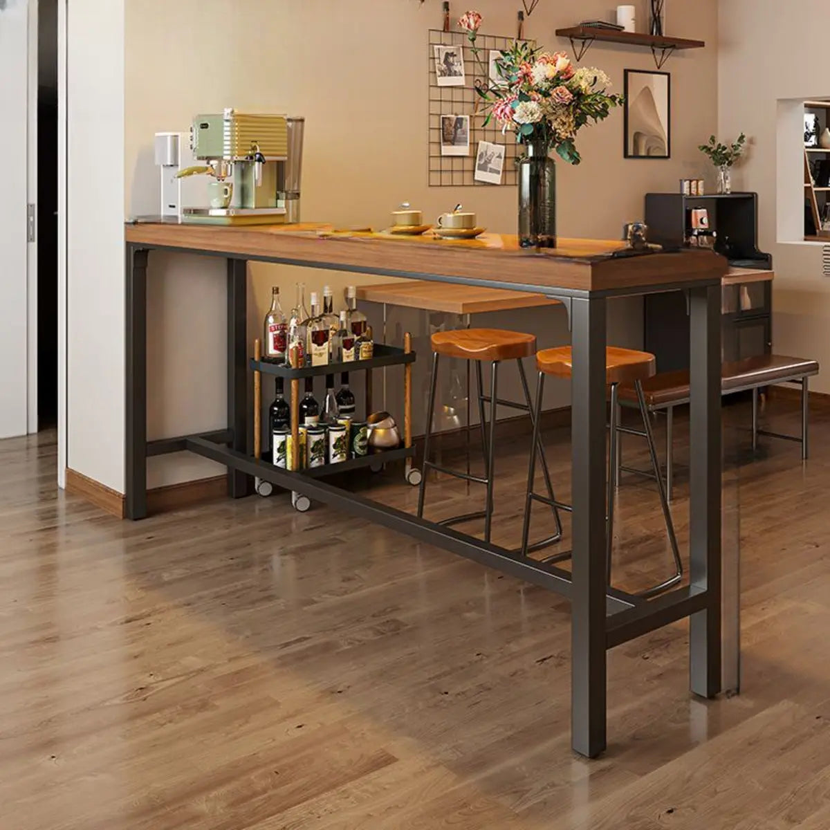 Industrial Trestle Metal Base Wood Bar Table with Footrest Image - 2