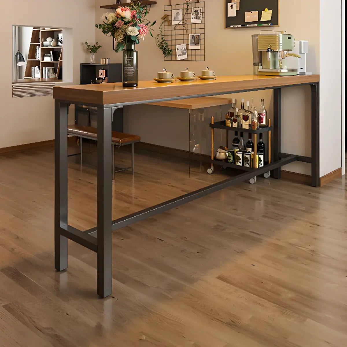 Industrial Trestle Metal Base Wood Bar Table with Footrest Image - 3