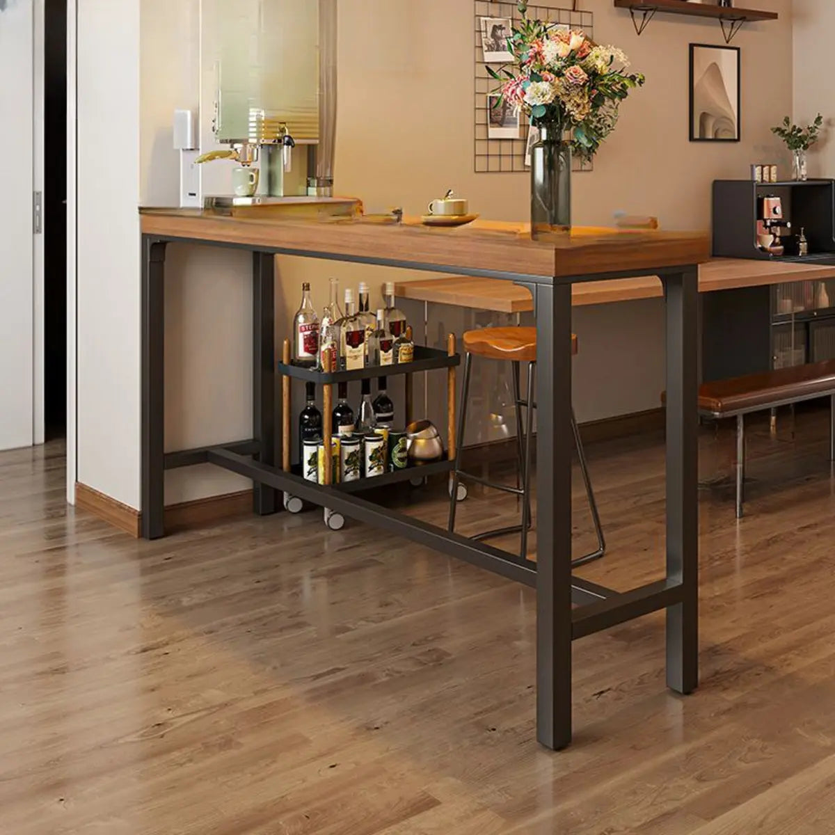 Industrial Trestle Metal Base Wood Bar Table with Footrest Image - 4