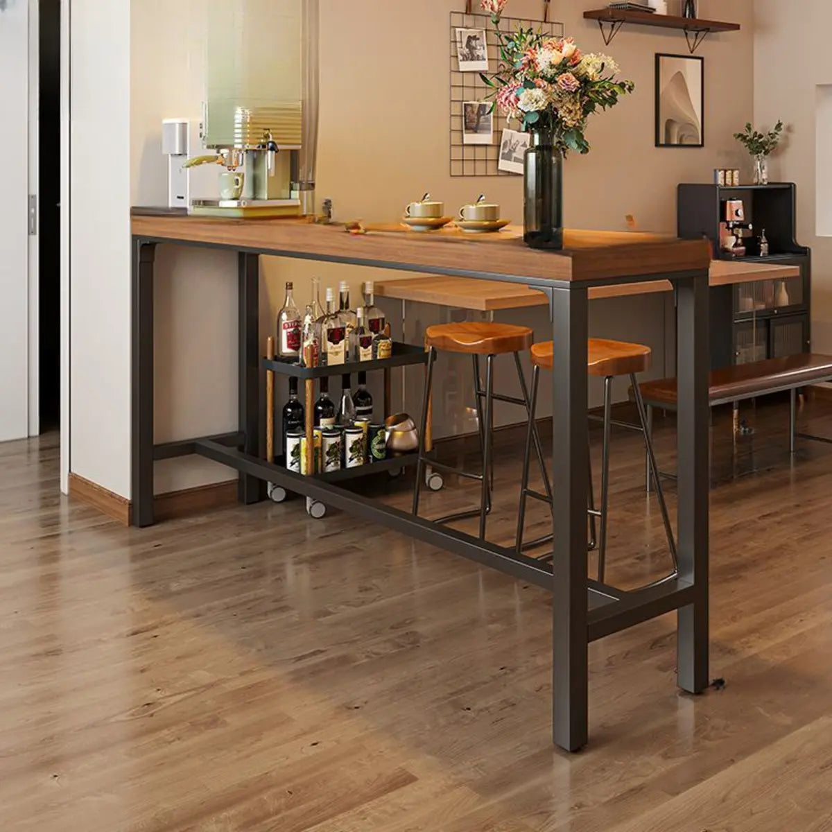 Industrial Trestle Metal Base Wood Bar Table with Footrest Image - 5
