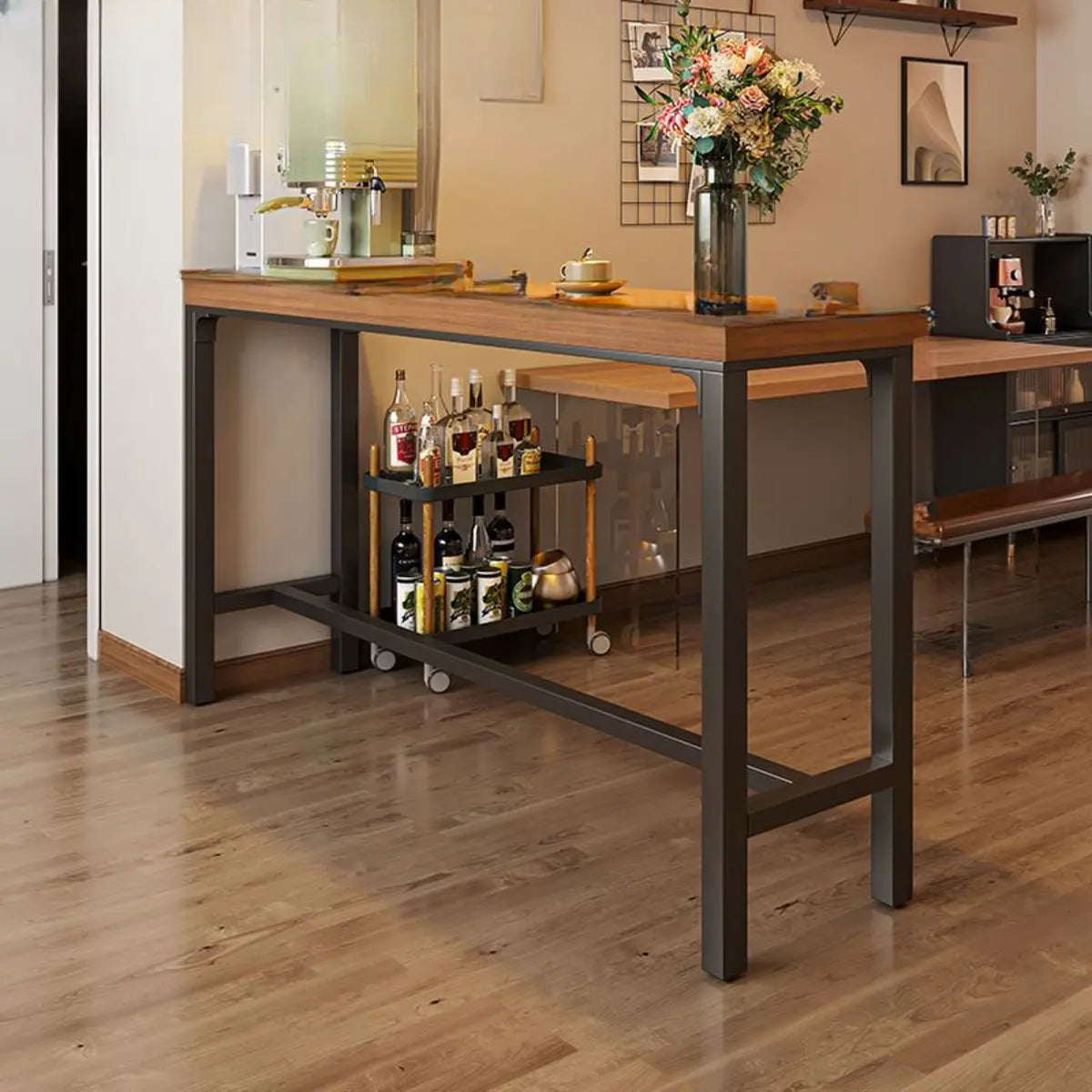 Industrial Trestle Metal Base Wood Bar Table with Footrest Image - 9