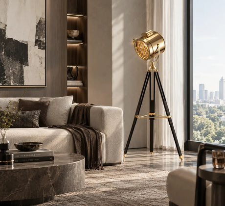 Industrial Tripod Metal Rotatable Gold LED Floor Lamp Image - 1