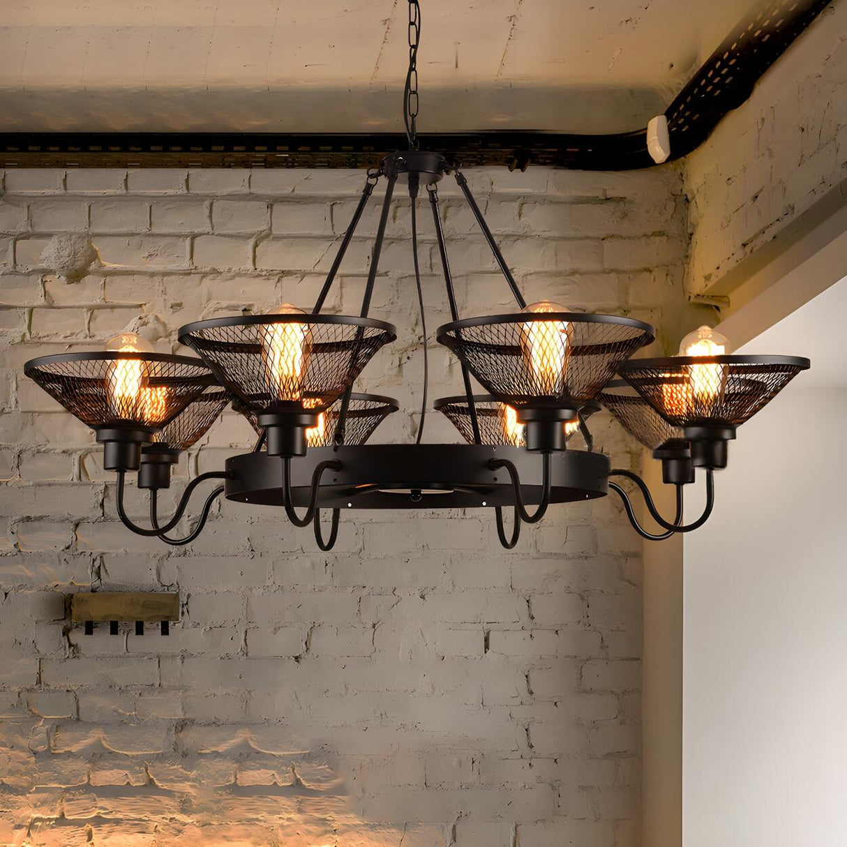Industrial Wagon Wheel Metal Wire Mesh Cone Chandelier Image - 5