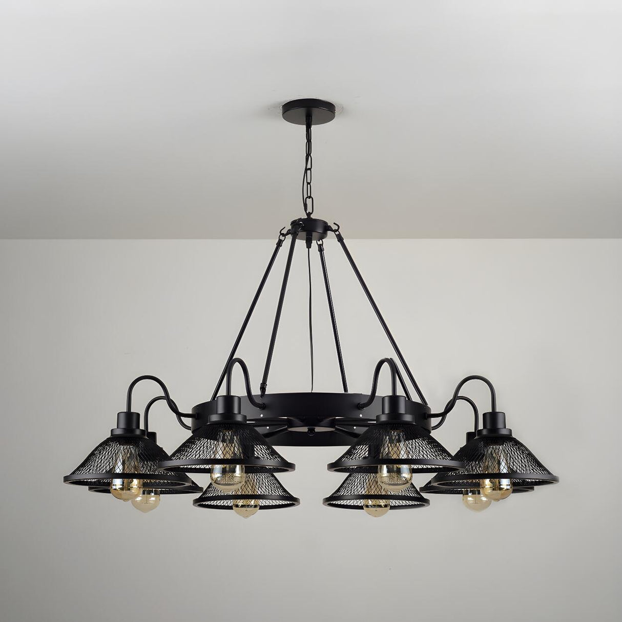 Industrial Wagon Wheel Metal Wire Mesh Cone Chandelier Image - 6