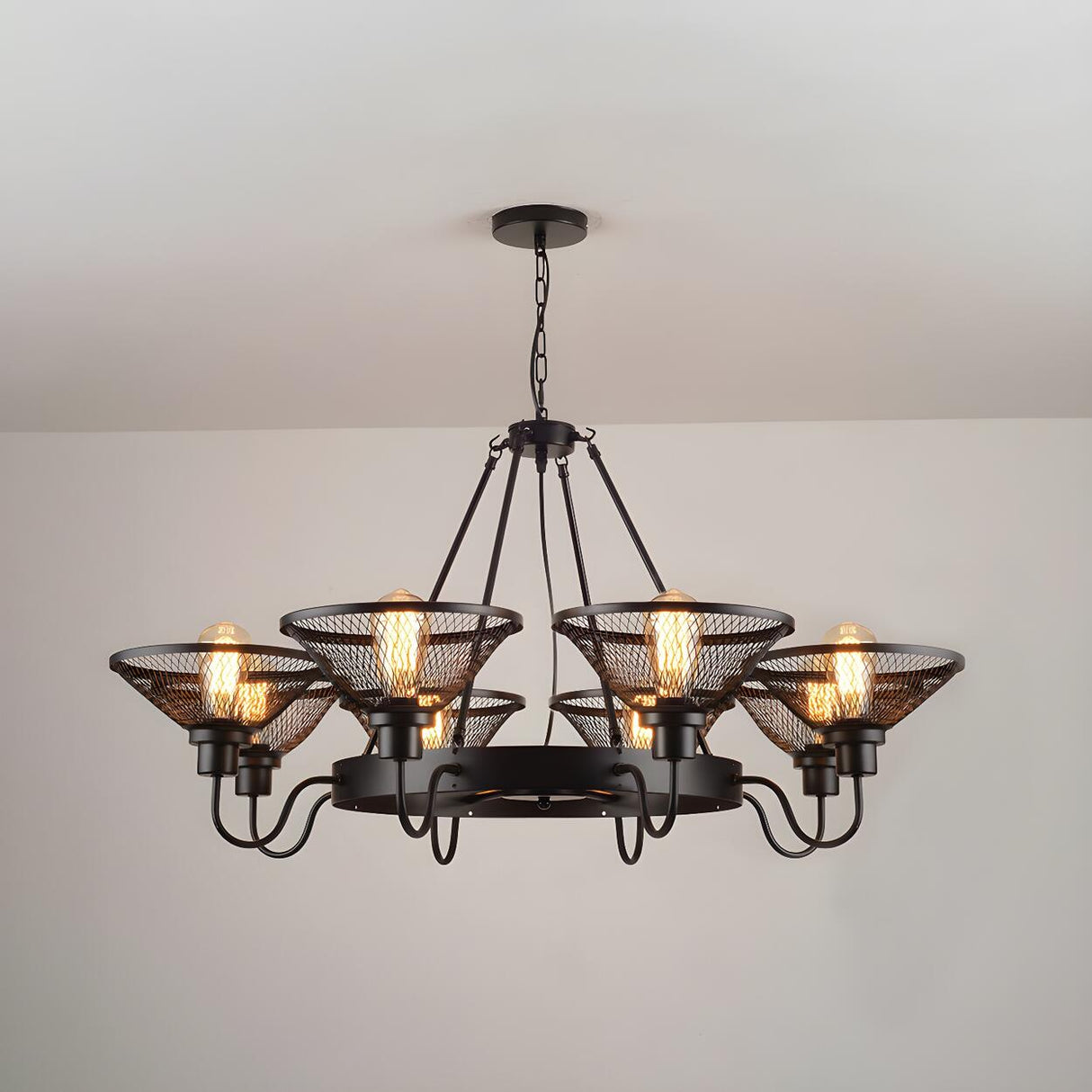 Industrial Wagon Wheel Metal Wire Mesh Cone Chandelier Image - 8