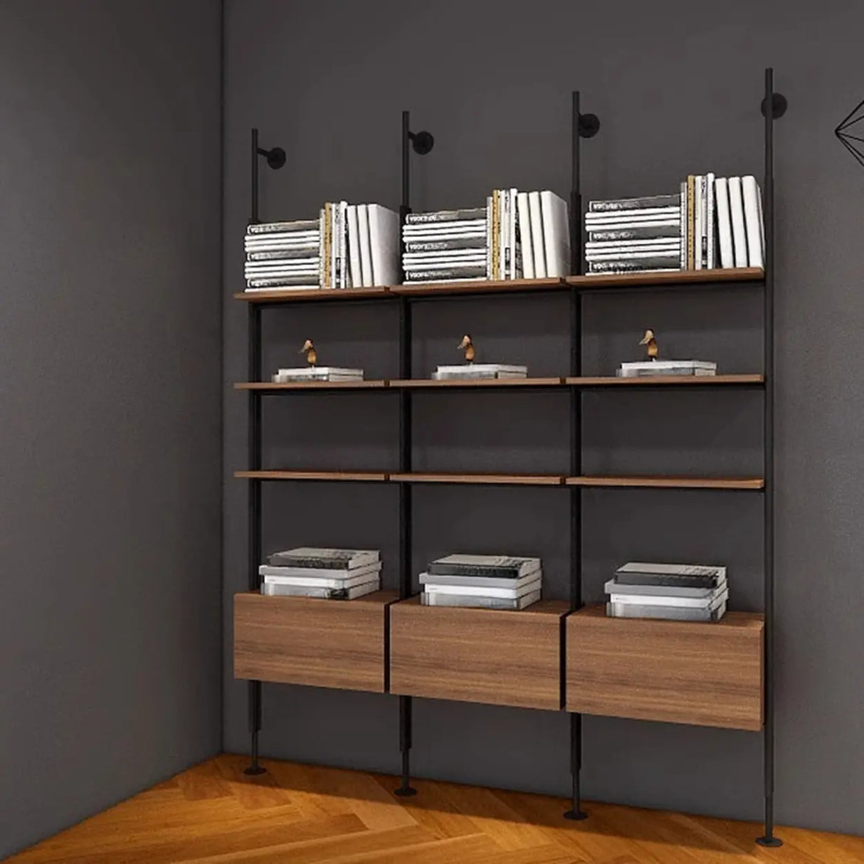 Industrial Wall-Mounted Wood Metal Vertical Bookshelf Image - 7