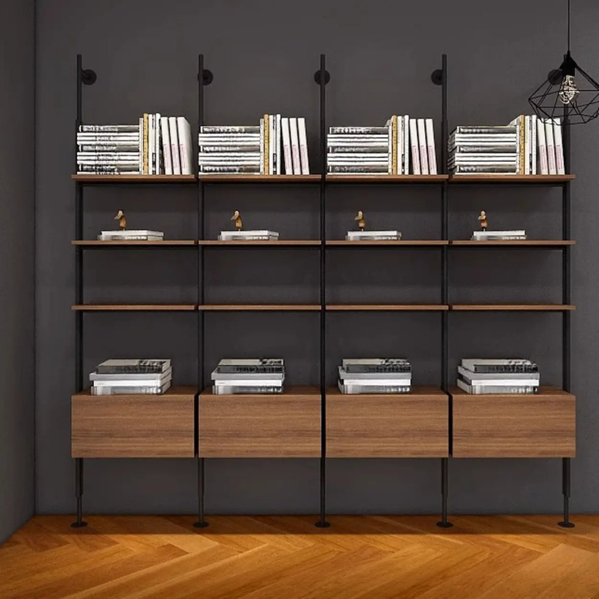 Industrial Wall-Mounted Wood Metal Vertical Bookshelf Image - 9
