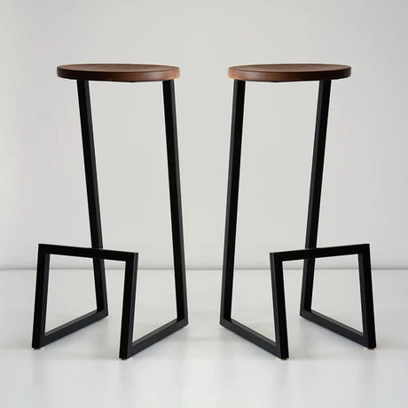 Industrial Walnut Round Seat Metal Base Bar Stool Image - 1