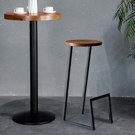 Industrial Walnut Round Seat Metal Base Bar Stool Image - 2