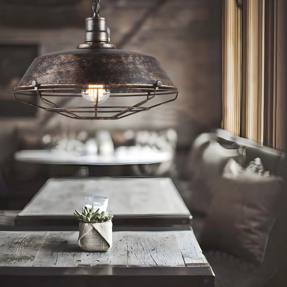 Industrial Wire Cage Metal Chain Dining Pendant Light Image - 1