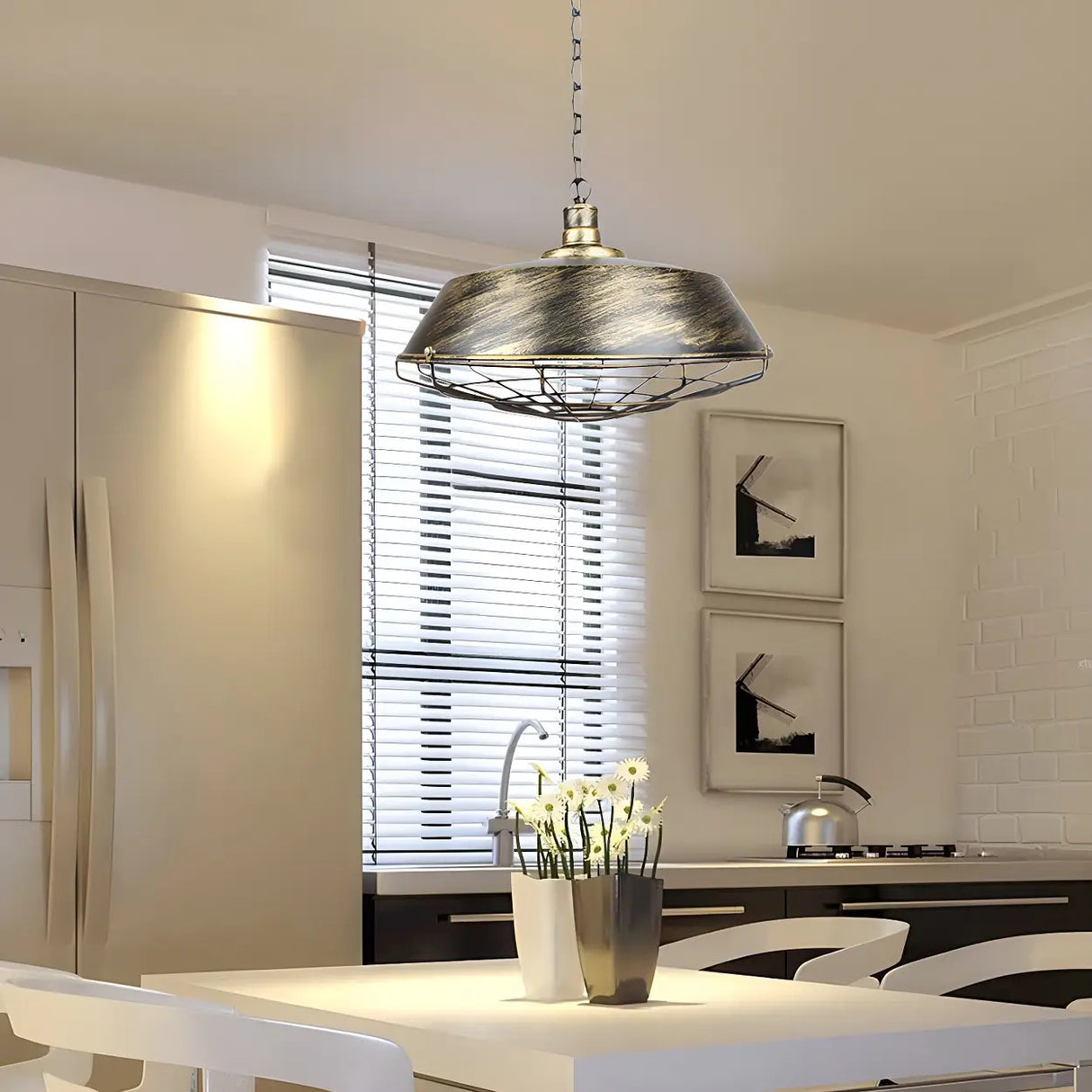 Industrial Wire Cage Metal Chain Dining Pendant Light Image - 5