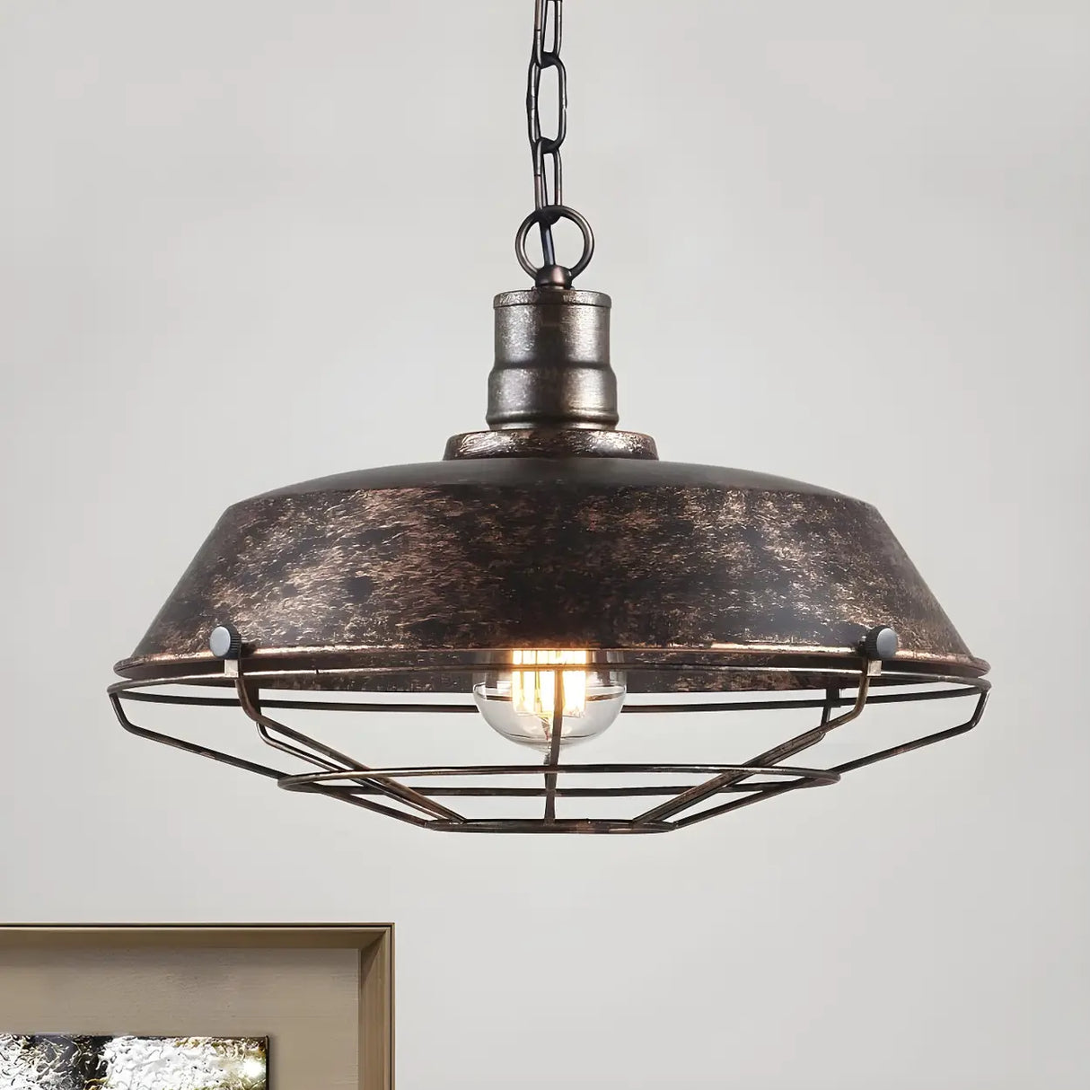 Industrial Wire Cage Metal Chain Dining Pendant Light Image - 3