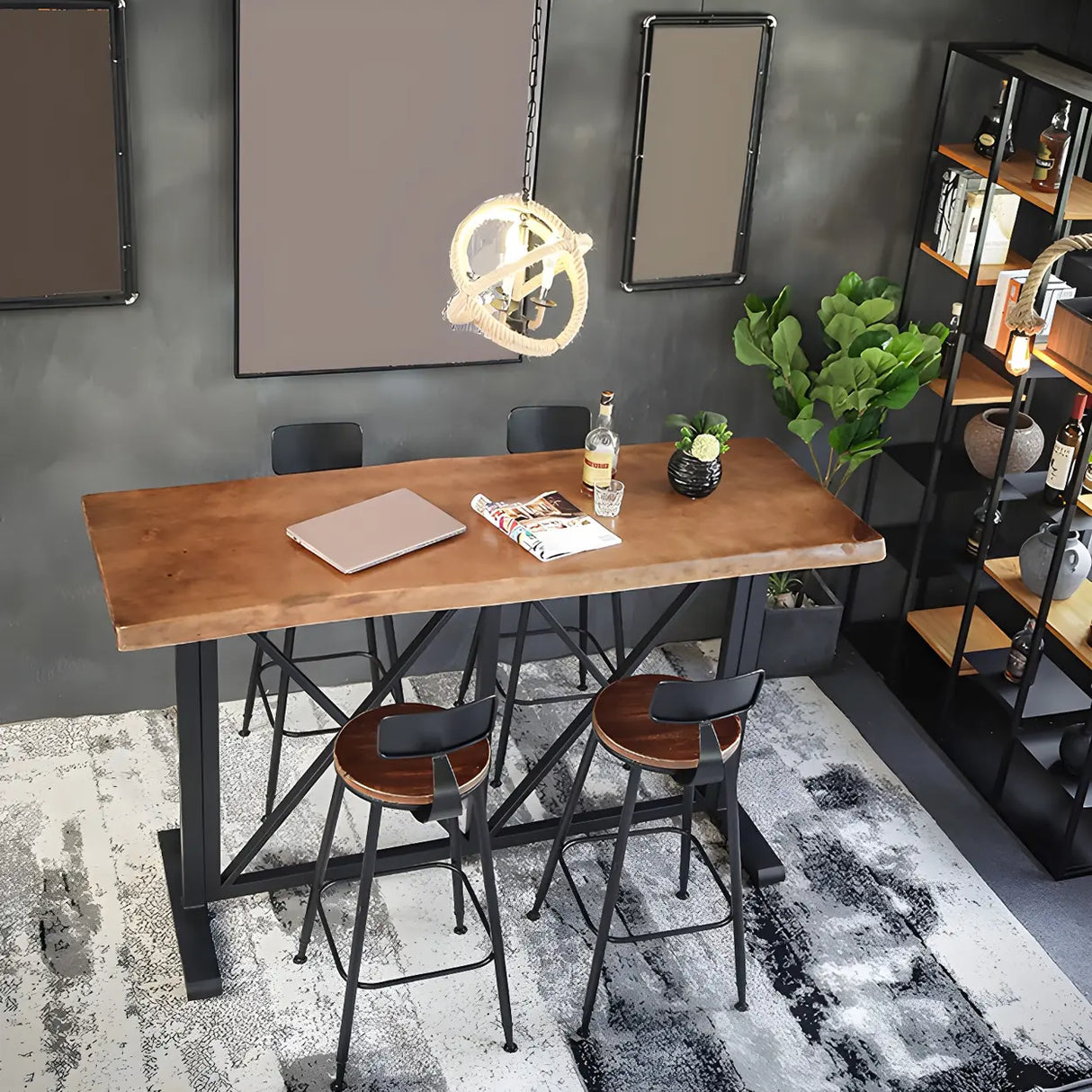 Industrial Wood Bar Table Set with Footrest Low Back Stool Image - 2