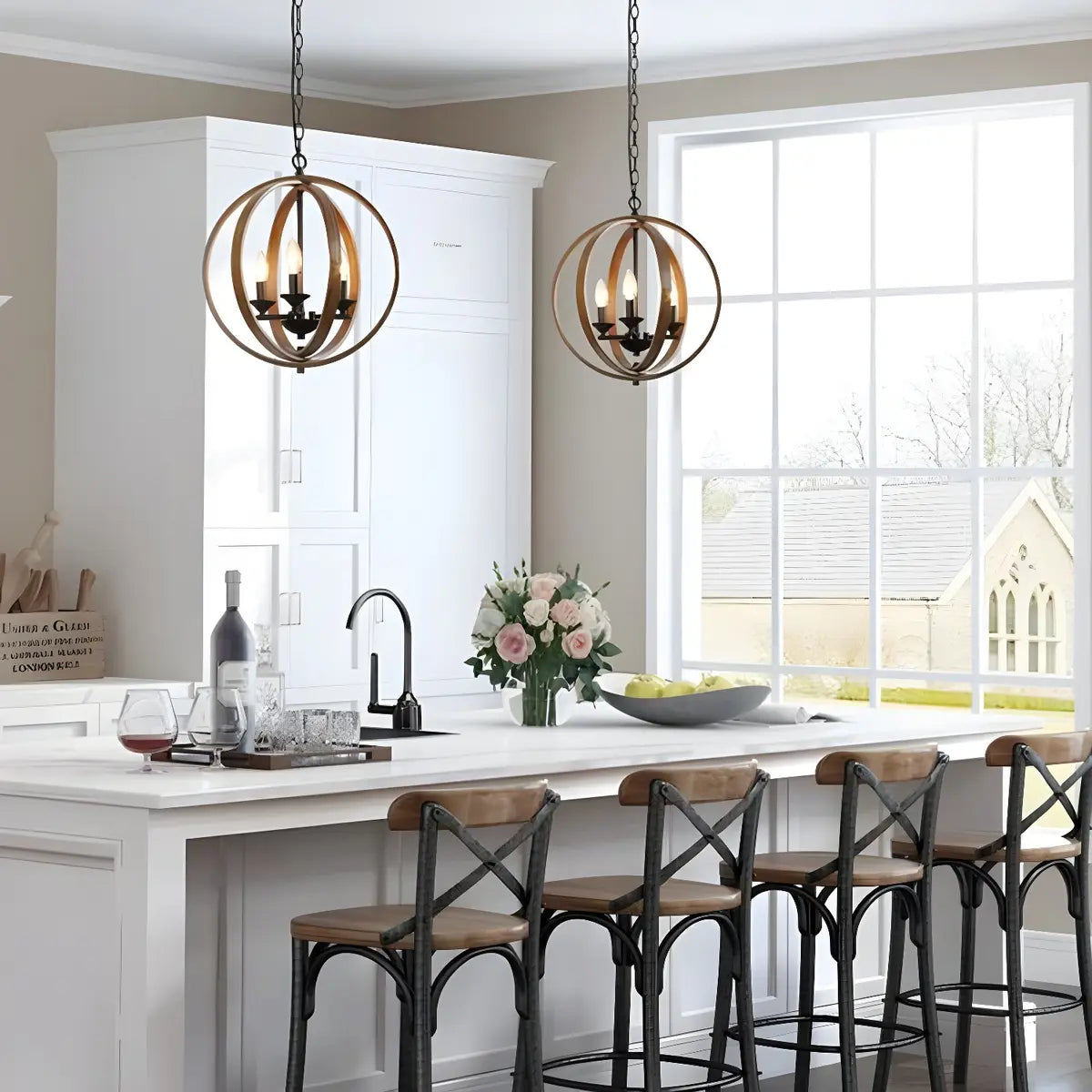Iron Brown Sphere Candelabra Chain Foyer Chandelier Image - 3