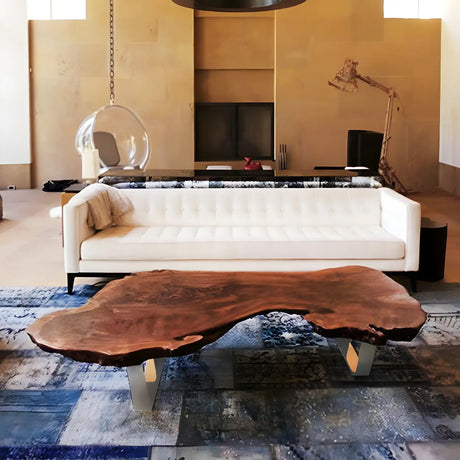 Irregular Red Wood Top Sled Steel Base Coffee Table Image - 1