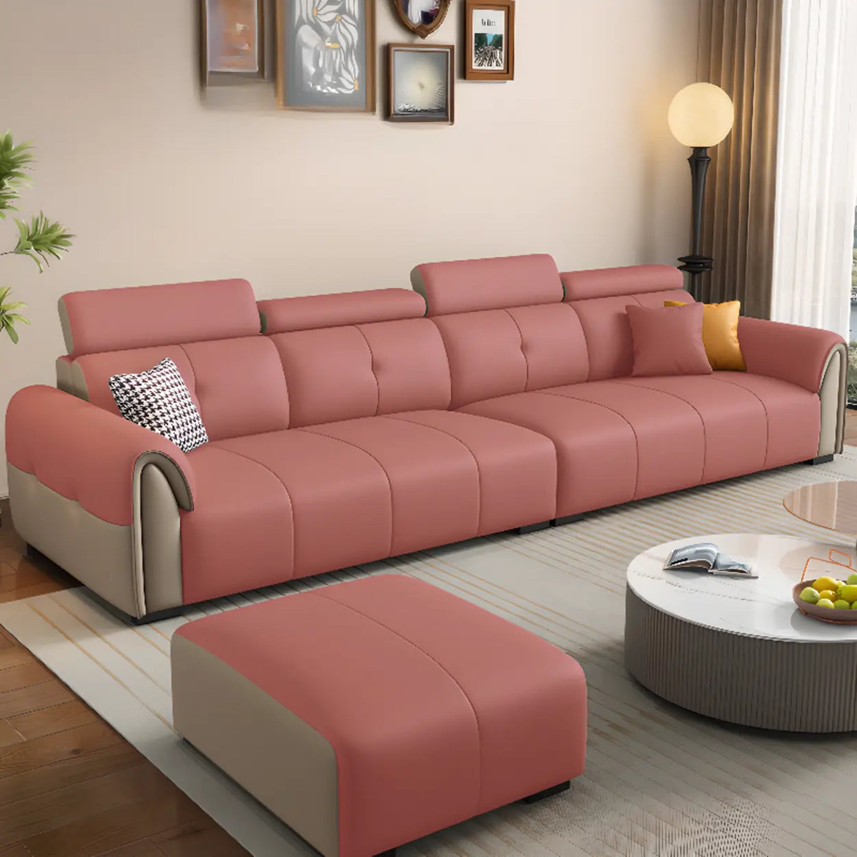 Khaki Leather Biscuit Back Wood Frame Sofa	with Arms Image - 11