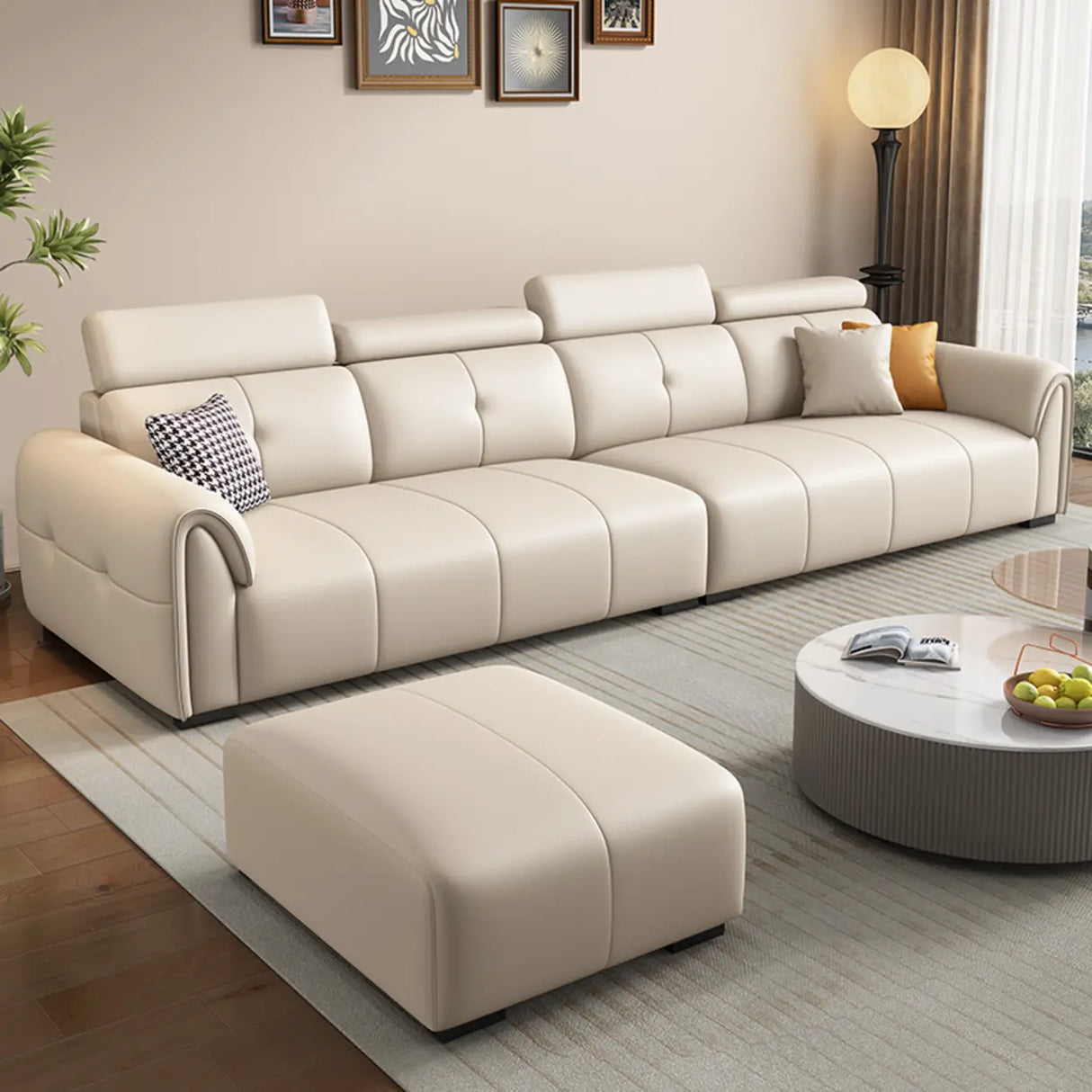 Khaki Leather Biscuit Back Wood Frame Sofa	with Arms Image - 3