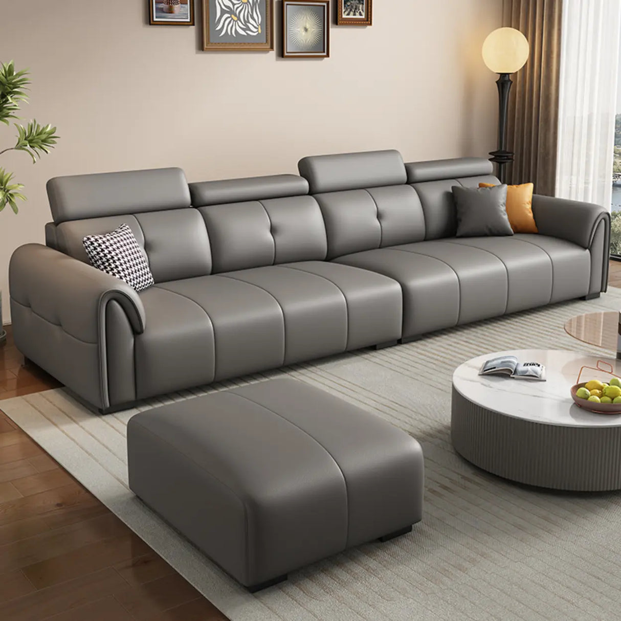Khaki Leather Biscuit Back Wood Frame Sofa	with Arms Image - 5