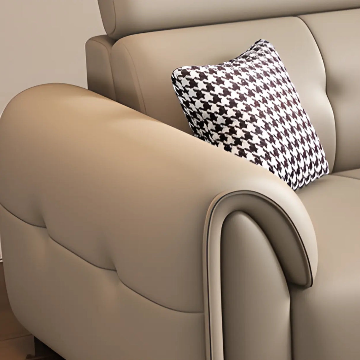 Khaki Leather Biscuit Back Wood Frame Sofa	with Arms Image - 9
