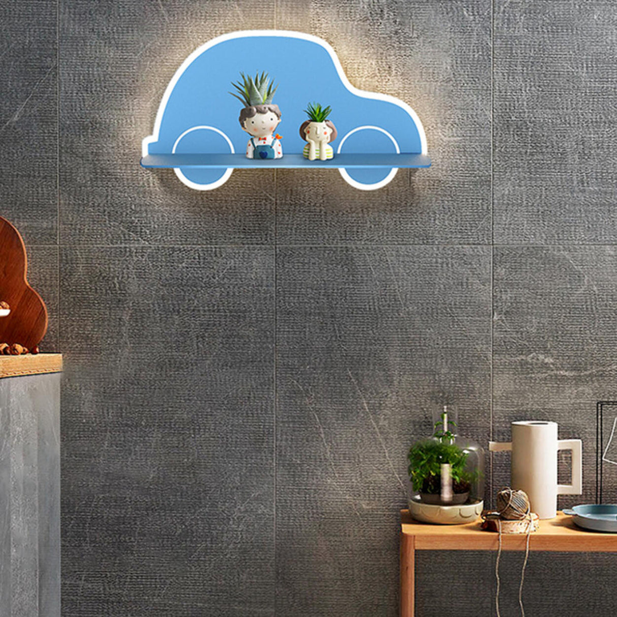 Kid's Room Blue Car Shaped Wall Sconce with Shelf Image - 12